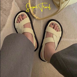 Giày sandal đế phẳng mũi tròn thiết kế quai đan chéo thoải mái thời trang cho nữ