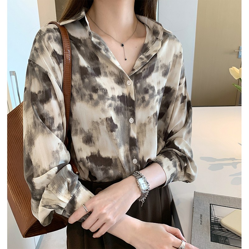 Áo Sơ Mi Tay Dài In Họa Tiết Mực Thời Trang hong kong Cho Nữ