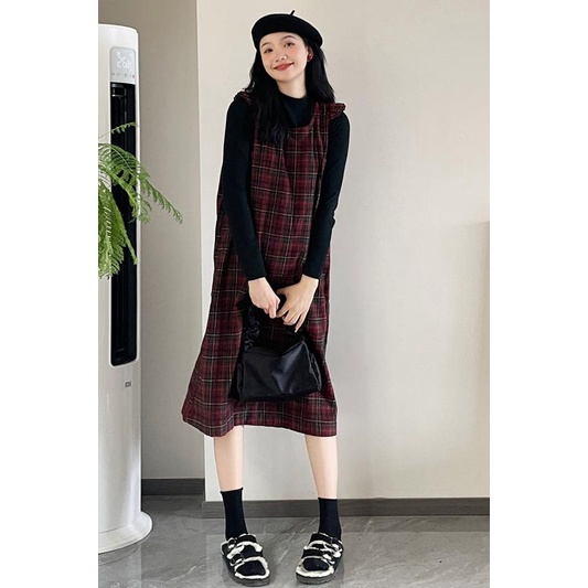 Sugemiusi Set Áo Len Không Tay Và Váy Caro Phong Cách Mới Cho Mẹ Bầu