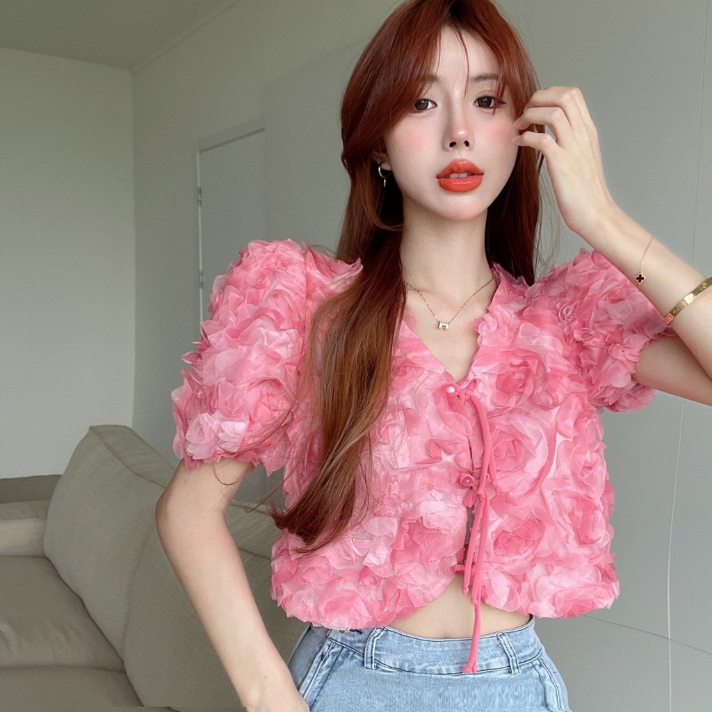 Áo Sơ Mi Ngắn Tay Phồng Họa Tiết Hoa Thời Trang Dành Cho Nữ