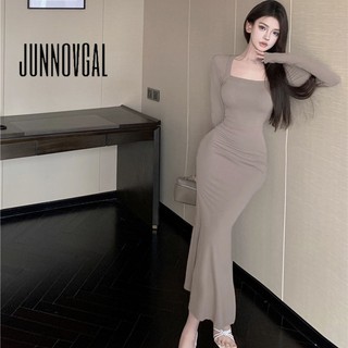 JUNNOVGAL Nữ Midi Đầm Cổ Vuông Cắt Thấp Thời Trang Phong Cách Mới Ôm Vừa Vặn Màu Trơn Tay Dài