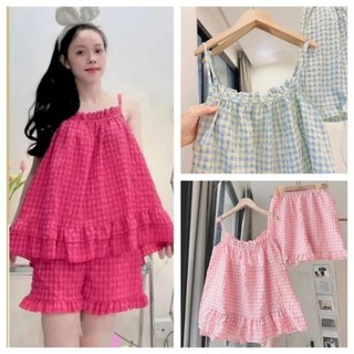 Bộ đùi áo 2 dây B01 họa tiết karo, bộ ngủ 2 dây nhẹ nhàng thoải mái