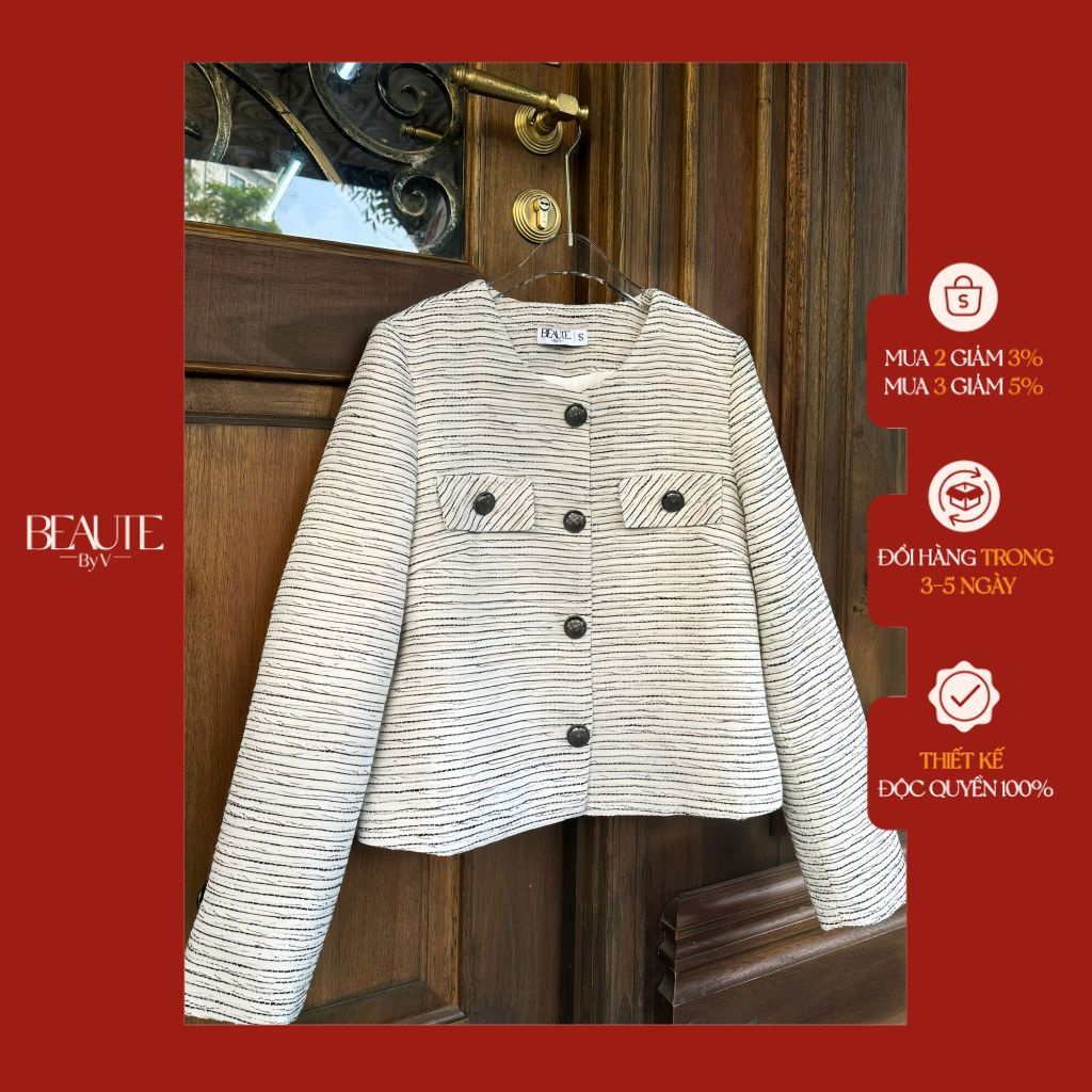 BEAUTEBYV - Áo khoác tweed nữ kẻ ngang Tardy