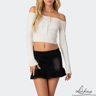 Ldd-nữ Y2K Off Vai Áo Dài Tay Bodycon Crop Top Backless Slim Tee Top Dạo Phố