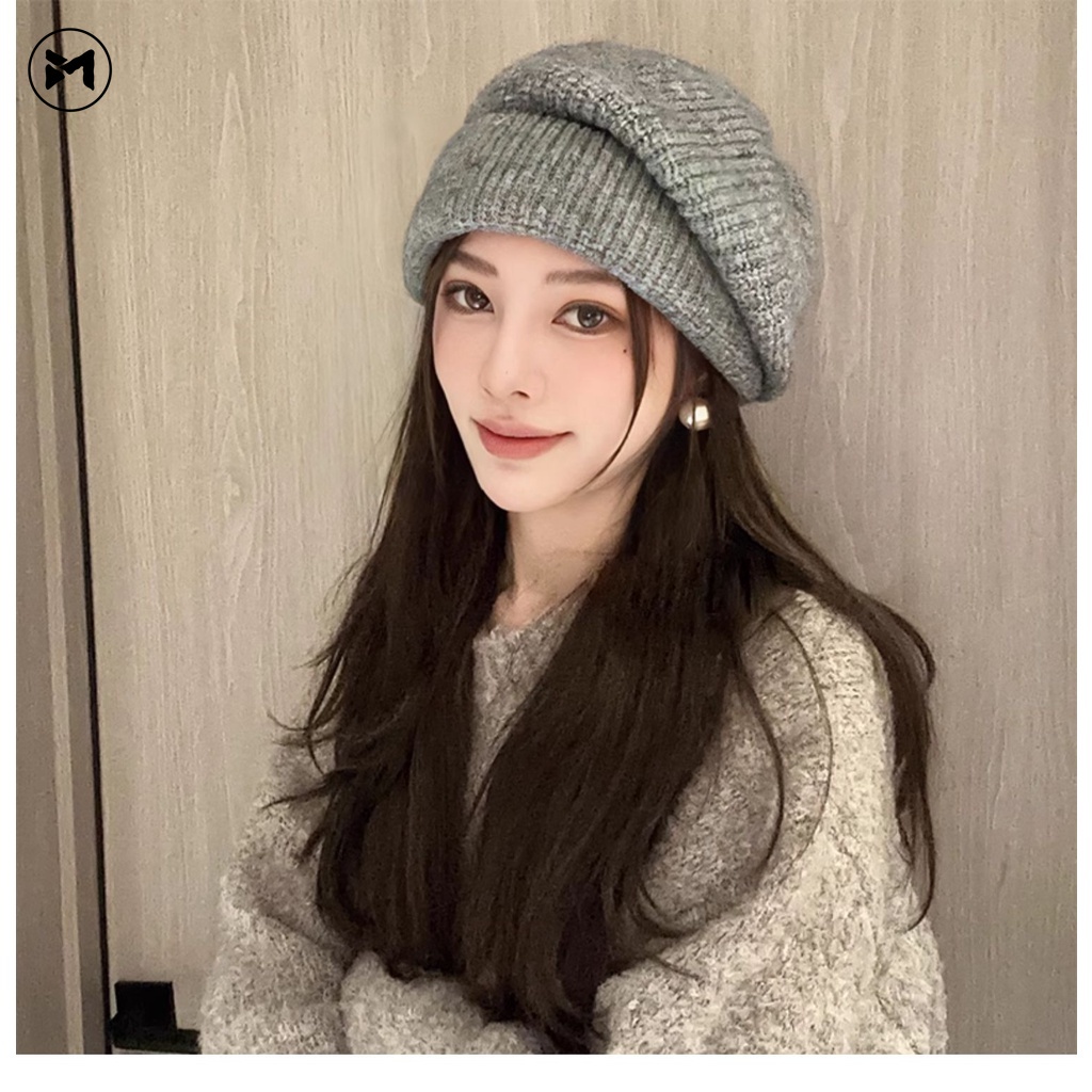 One Mũ beret Len Dệt Kim Dày Dặn Giữ Ấm Thời Trang Thu Đông