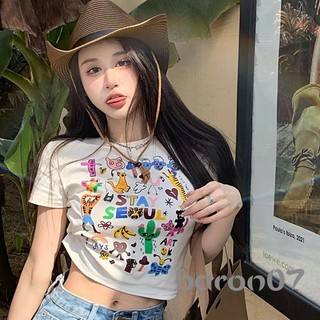 Áo crop top nữ cổ tròn in hình hoạt hình dễ thương tay ngắn Slim Fit Baby Tee Dạo phố