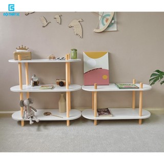 Kệ gỗ mặt oval gỗ thiết kế tiện lợi nhiều tầng để đồ, kệ sách thông minh chân gỗ decor phòng ngủ phòng khách màu trắng