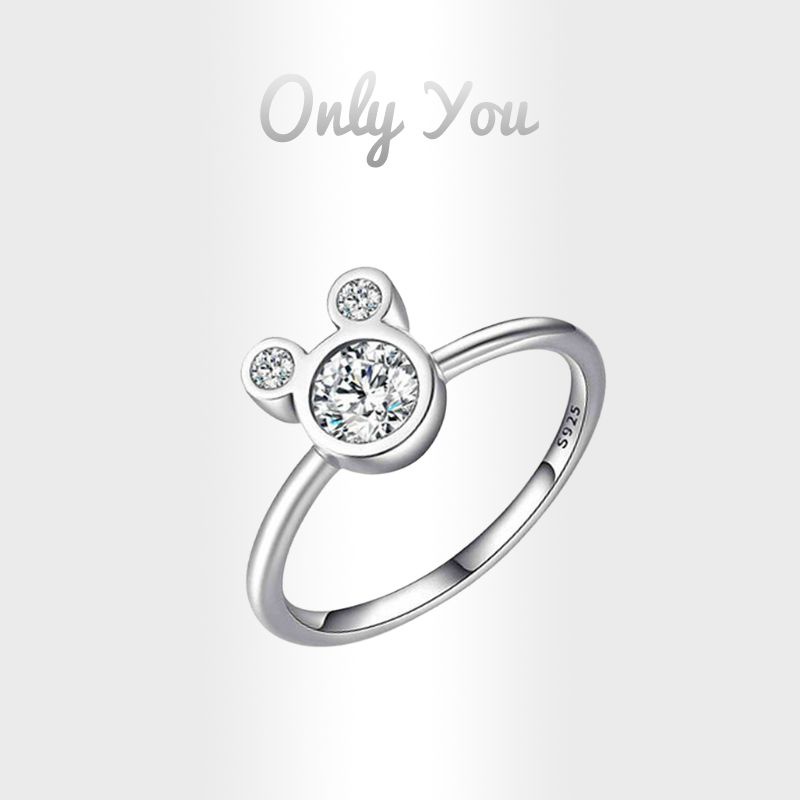Nhẫn Hở Mạ Bạc 925 Hình Chuột Mickey Dát Đá Moissanite Dễ Thương
