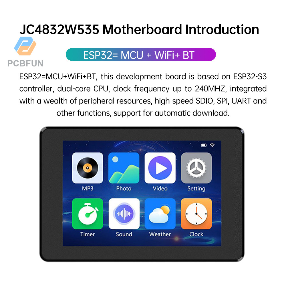 Bo mạch phát triển Pcbfun Esp32-S3 Wifi BT với màn hình cảm ứng điện dung 3,5 Inch và vỏ màu đen