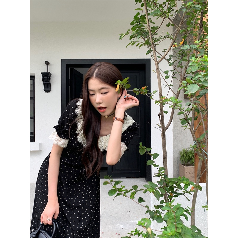 Đầm maxi Màu Đen Tay Phồng Phối Ren Hoa Phong Cách vintage Pháp