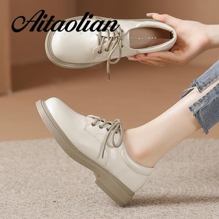 Giày da lười đế mềm 3.5cm cột dây mũi tròn phong cách anh quốc đơn giản tăng chiều cao cho nữ