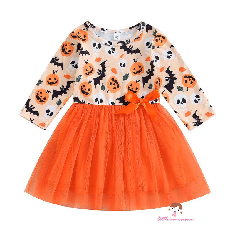 Đầm Xòe Tay Dài In Hình Quả Bí Ngô / Dơi / Đầu Lâu Phối Lưới Đính Nơ Thời Trang halloween Cho Bé Gái