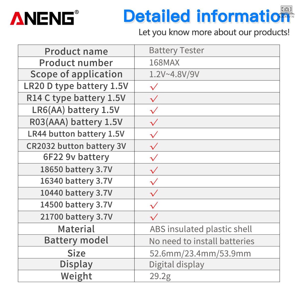 ANENG Battery Tester 168MAX Digital Display Tester Battery Voltage Checker Battery Capacity Testing Tool Universal Tester for Checking AAA AA Button Battery