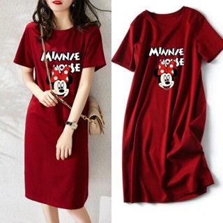 Đầm Thun midi Tay Ngắn Cổ Tròn In Hình Chuột mickey Thời Trang Mùa Hè 2023