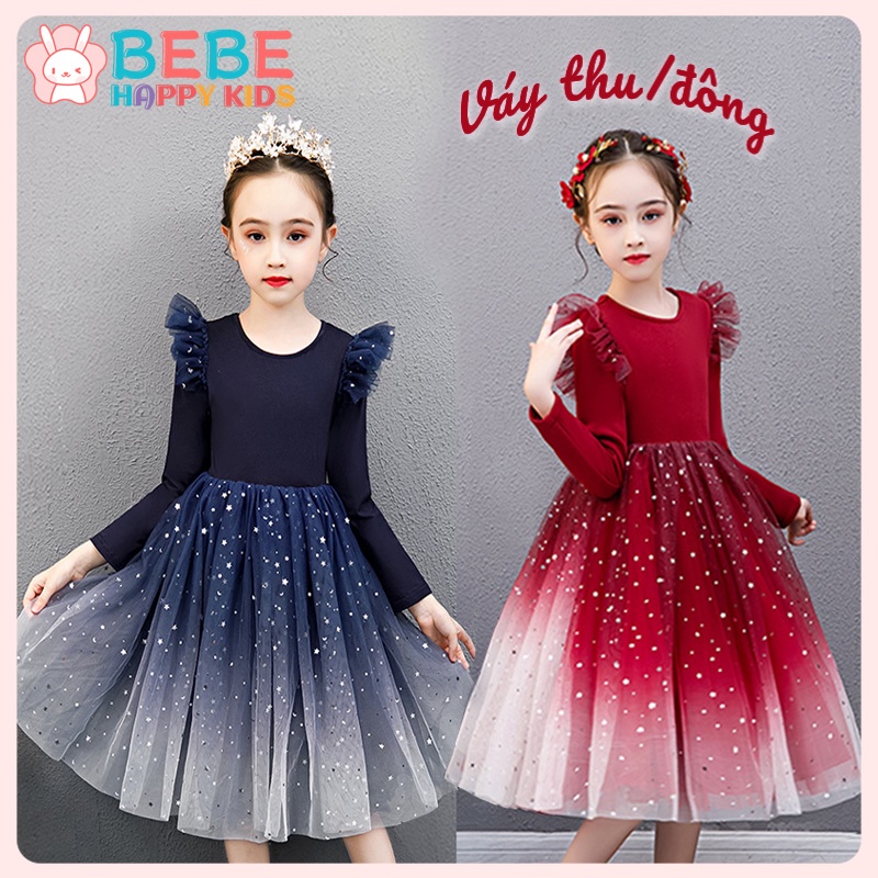 Đầm Lưới Tay Dài Họa Tiết Ngôi Sao Năm 2023 Màu Đỏ / Xanh Dương Dành Cho Bé Gái Trình Diễn