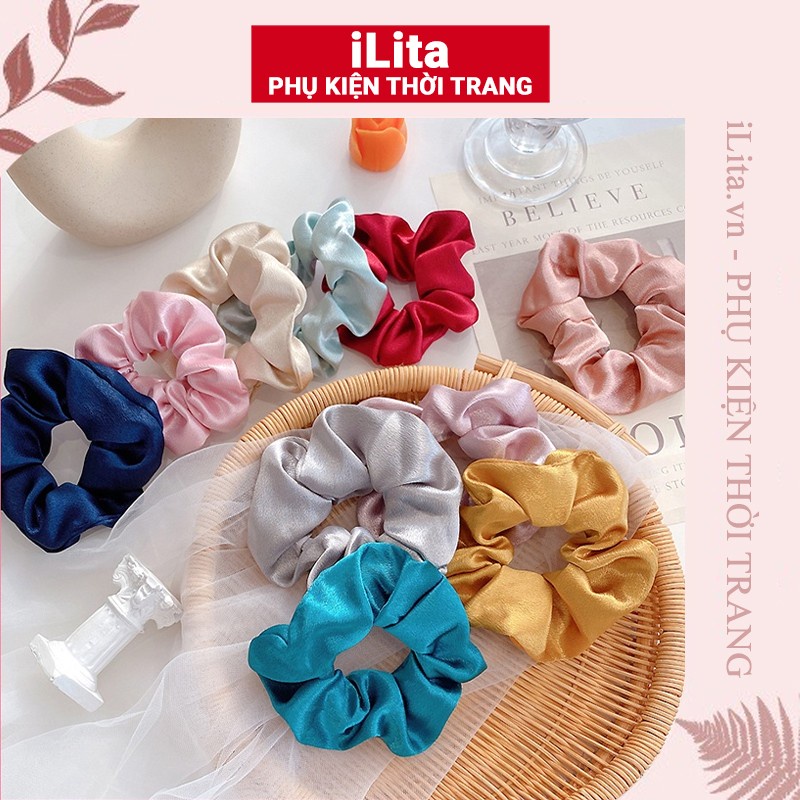 Dây buộc tóc scrunchies lụa cột tóc màu pastel trơn cao cấp iLita set buộc tóc dễ thương sang trọng