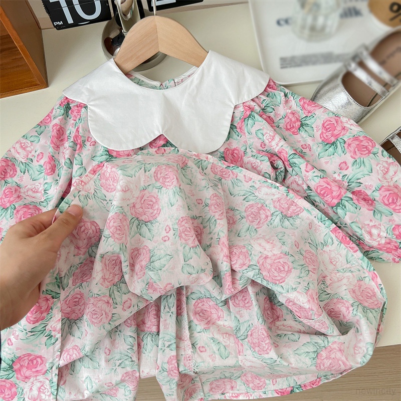 Đầm Công Chúa Tay Dài In Hoa Cho Bé Gái