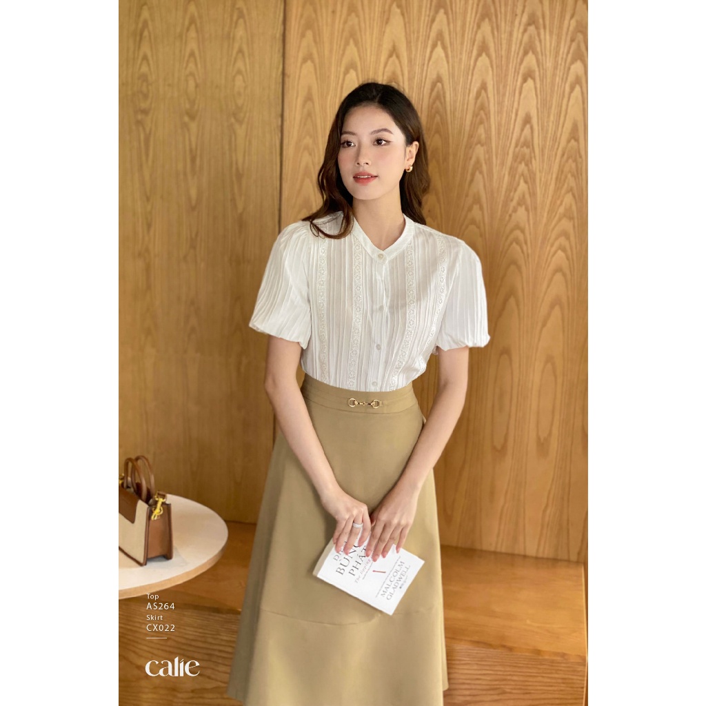 Áo sơ mi nữ cổ tàu phối ren tay bo CALIE AS264