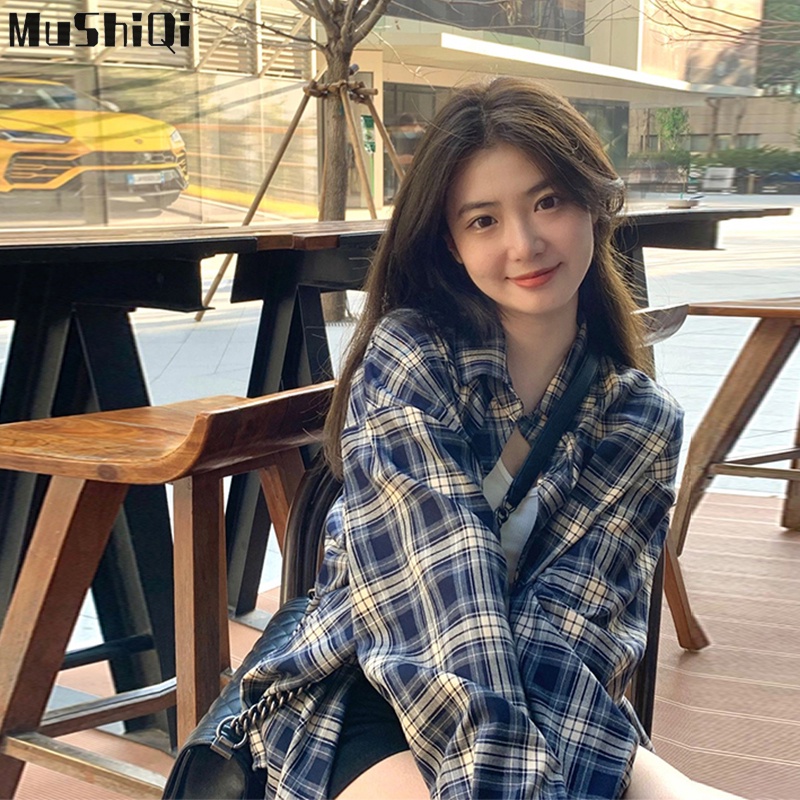 Mushiqi Áo Khoác Sơ Mi Caro Phong Cách retro hong kong Thời Trang Cho Nữ