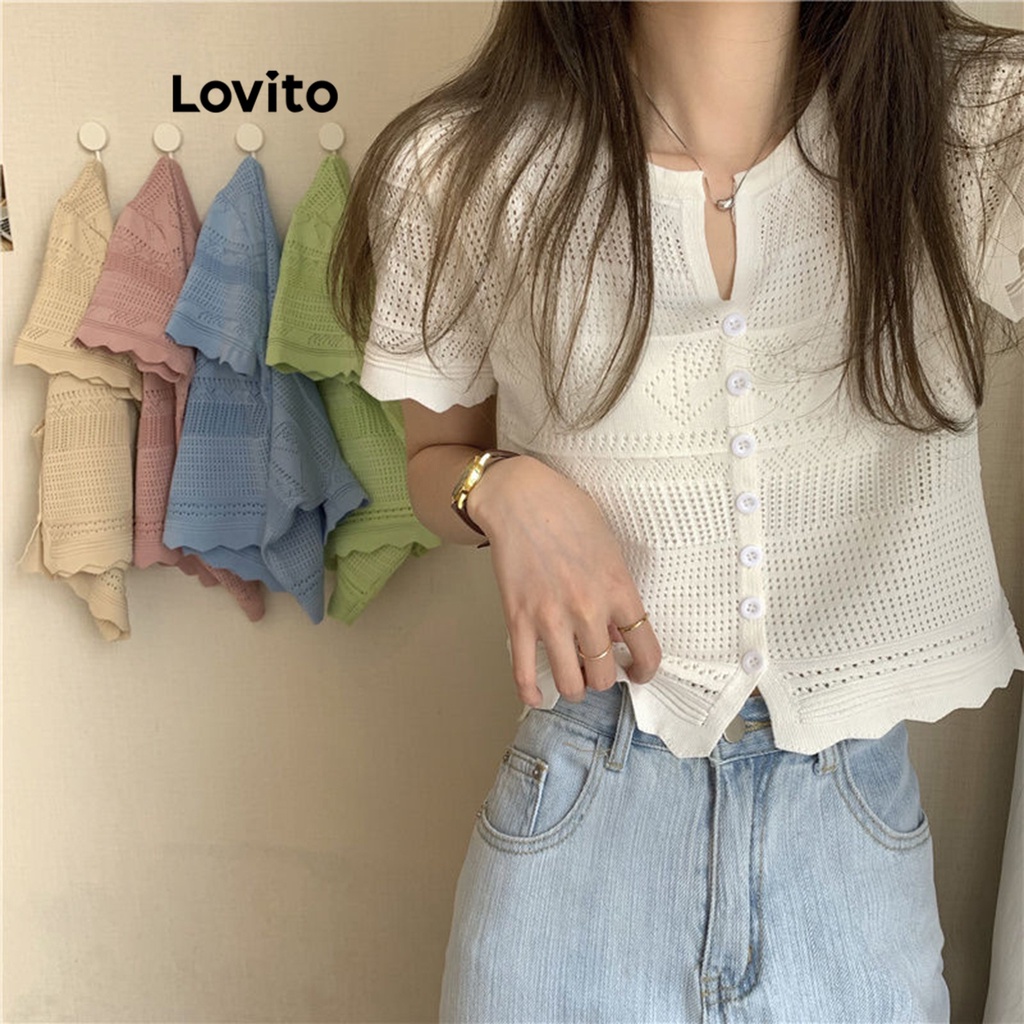 Áo cardigan Lovito cài nút trước màu trơn thường ngày cho nữ LNE17056 (Màu trắng/ hồng)