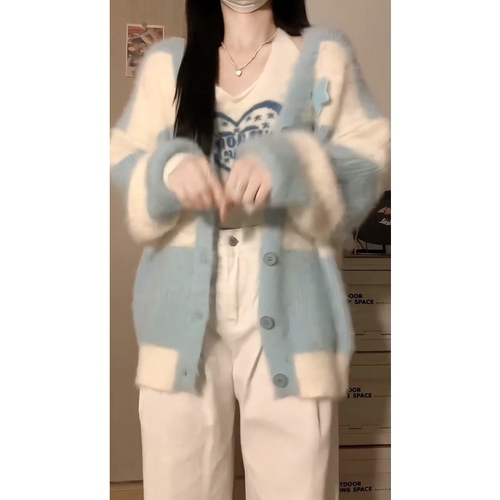 Áo Khoác cardigan Họa Tiết Sọc Thêu Thời Trang Áo Khoác sweater Dáng Rộng Thời Trang Cá Tính