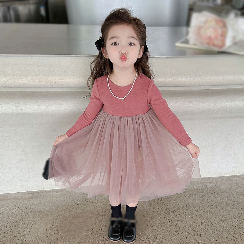 Se7en Đầm Công Chúa Tay Dài Phối Lưới Màu Trơn Dễ Thương Thời Trang Mùa Thu Cho Bé Gái