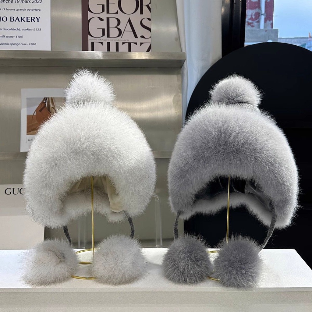 Mũ Len Lông Cáo Màu Trắng Bảo Vệ Tai Dễ Thương Thời Trang Thu Đông