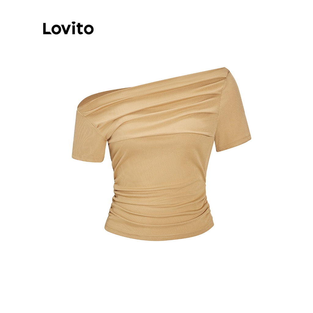 Lovito Áo thun trơn không đối xứng xếp nếp giản dị cho nữ L56ED044 (Kaki)