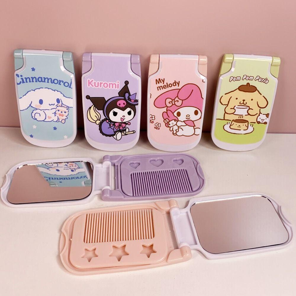 Leota Bộ Gương Trang Điểm mini Kèm Lược / Lược / Lược / Lược Làm Tóc Hình Hoạt Hình Dễ Thương Loại Lật Giai Điệu my melody Đáng Yêu