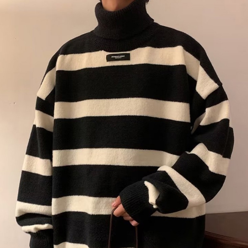 Aokang Áo sweater Dệt Kim Cổ Lọ Kẻ Sọc Dày Dặn Phong Cách Hàn Quốc Cao Cấp Cho Nam