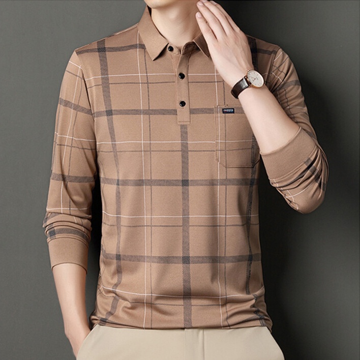 Áo Thun polo Mỏng Tay Dài Dáng Rộng In Họa Tiết Kẻ Sọc Phối Túi Thời Trang Cho Nam