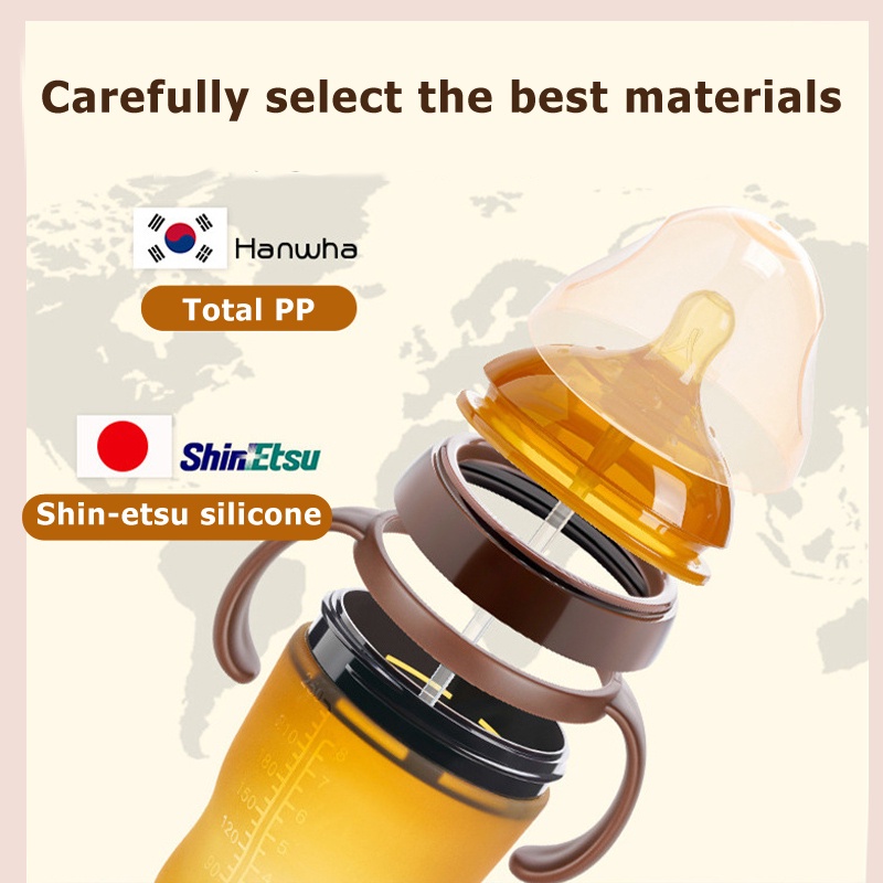 Bình sữa không BPA 150ml 250ml có tay cầm bằng silicon màu nâu cho trẻ sơ sinh