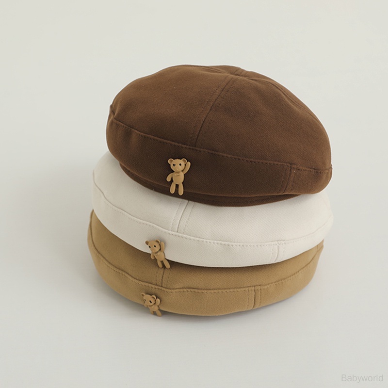 Mũ beret Màu Trơn In Họa Tiết Gấu Hoạt Hình Phong Cách Hàn Quốc Cho Bé Gái