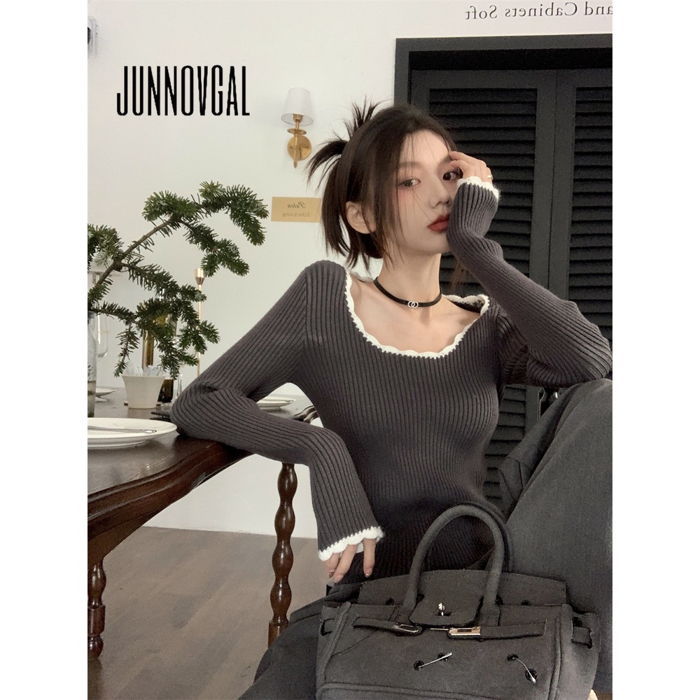 Junnovgal Áo Thun Tay Dài Cổ Chữ u Màu Trơn Dáng Ôm Thời Trang 2023 Dành Cho Nữ