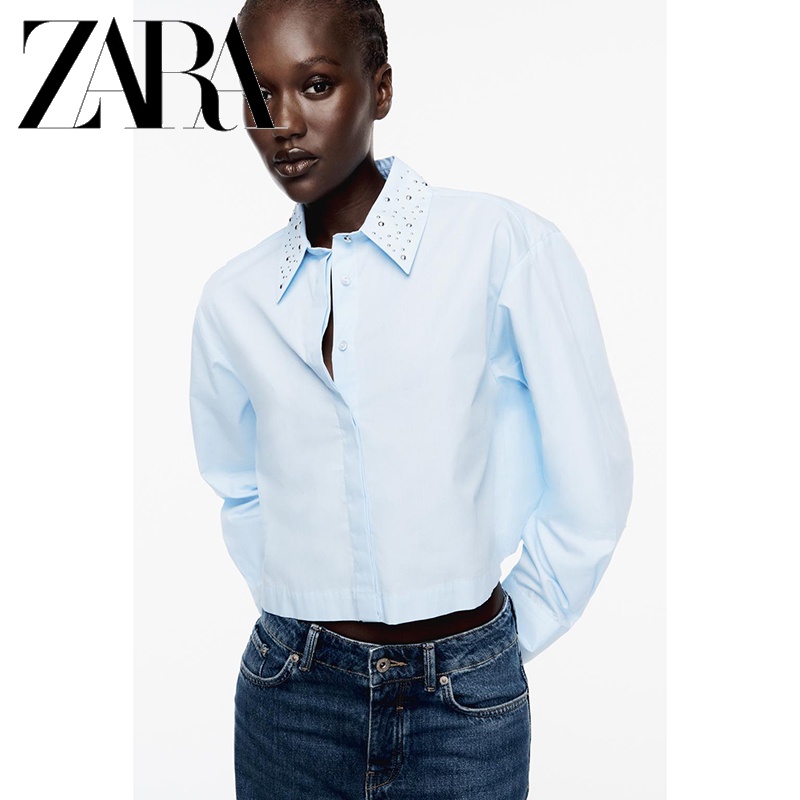 Zara Áo Sơ Mi Ngắn Đính Đinh Tán Thời Trang Mùa Thu Dành Cho Nữ