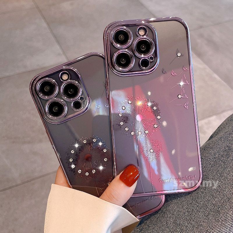 Ôp Điện Thoại tpu Dẻo Trong Suốt Mạ Điện Họa Tiết Hoa Bồ Công Anh Tím Cho iphone 15 14 plus 13 12 11 pro max Ốp