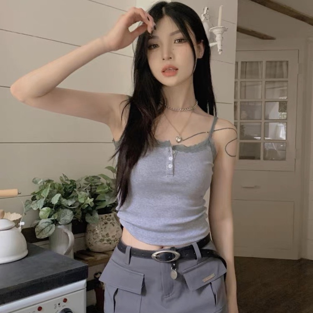 Áo 2 dây kiểu viền ren PINKSTORE29 phối cúc cổ siêu nữ tính A5876