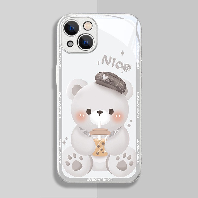 Dễ Thương Ốp Điện Thoại Mặt Kính Hình Gấu Uống Trà Sữa Cho iphone 15promax 14 13pro xr 12 11promax 7 8plus xsmax