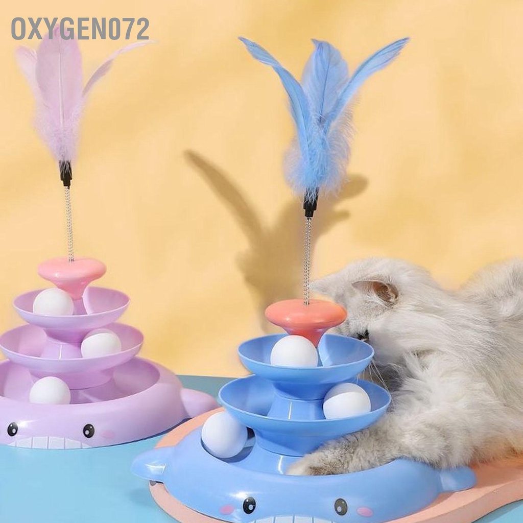 Tháp banh cho mèo - Đồ chơi bóng bàn xoay cho mèo 3 cấp độ tương tác làm giảm sự nhàm chán của con mèo với thanh lông vũ và quả - Oxygen072