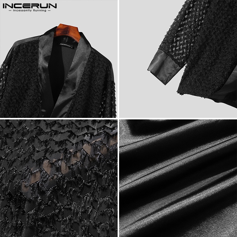 INCERUN Bộ Áo Khoác cardigan Dài Tay Xuyên Thấu + Quần Ống Rộng Thời Trang vintage Dành Cho Nam