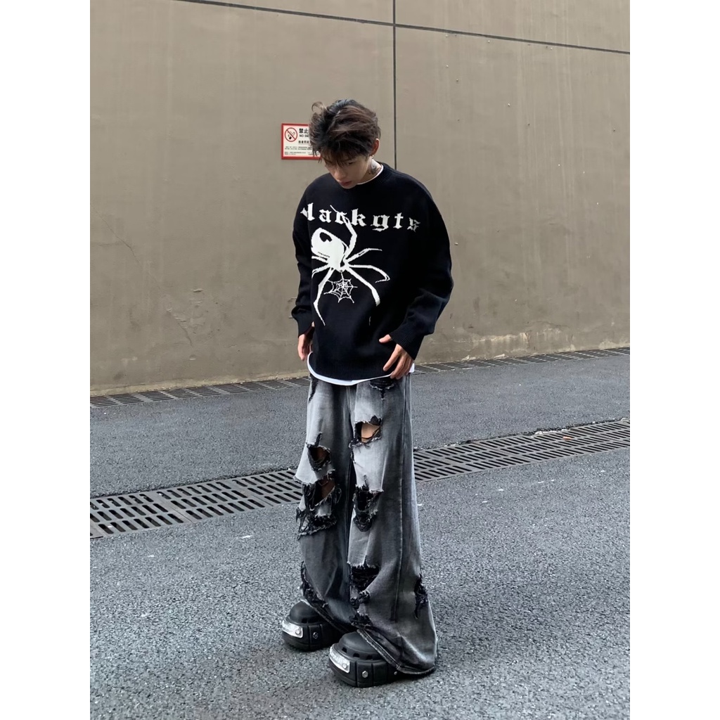 Áo len nam cổ tròn kiểu dáng hàn quốc vải len sợi dày dặn  Áo hoodie thêu hình nhện thời trang thu Đông cho nam nữ