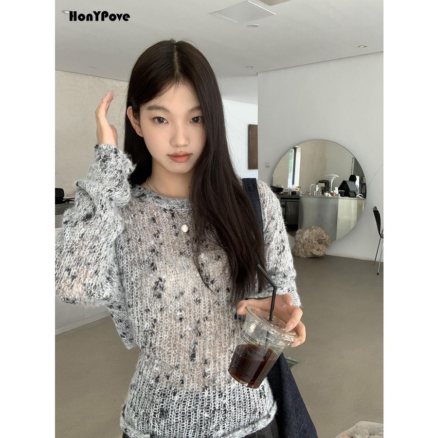 Honypove Áo sweater Dệt Kim Tay Dài Khoét Lỗ Thời Trang Xuân Thu 2023 6vkn
