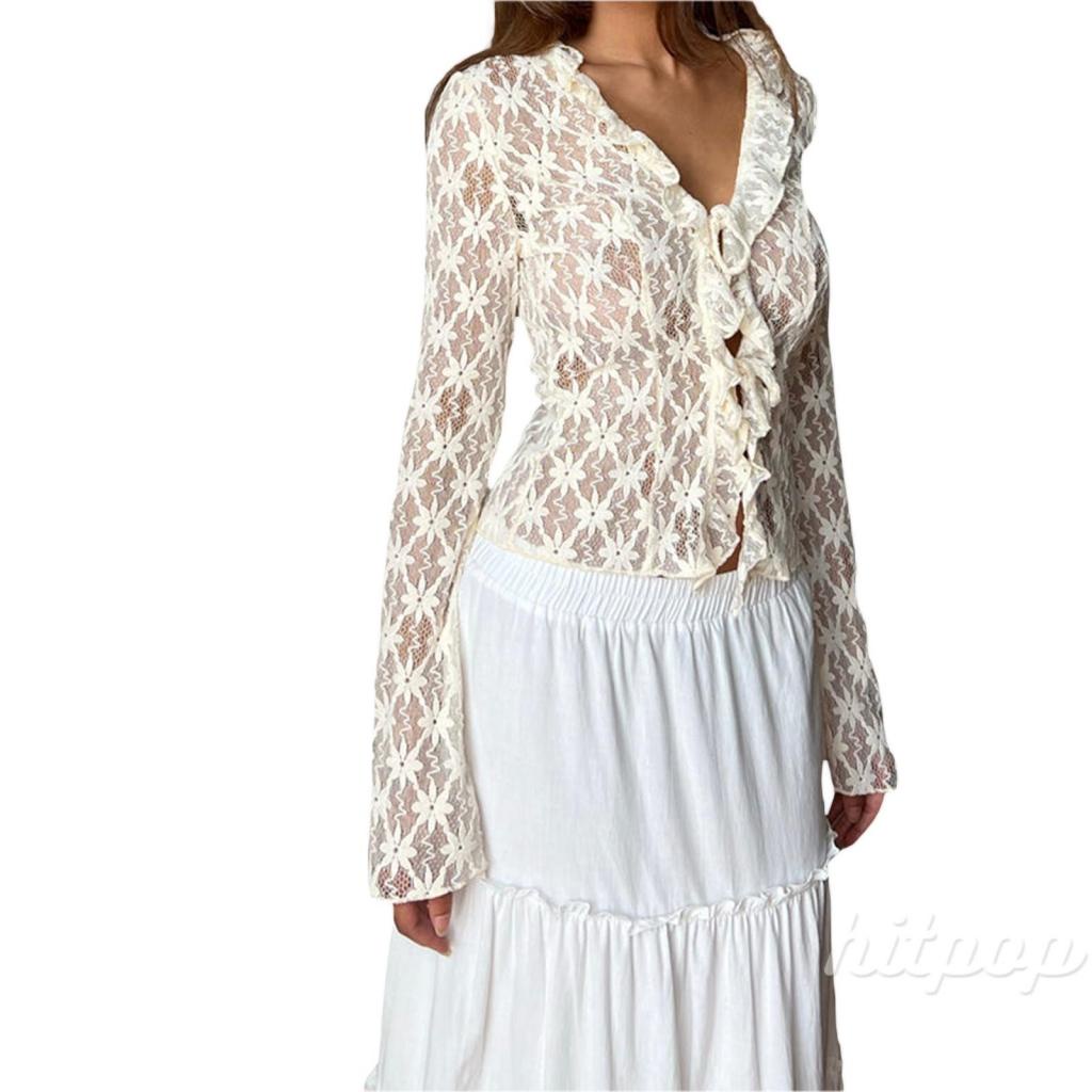 Áo Croptop Ren Hoa Xuyên Thấu Tay Dài Quyến Rũ Cho Nữ