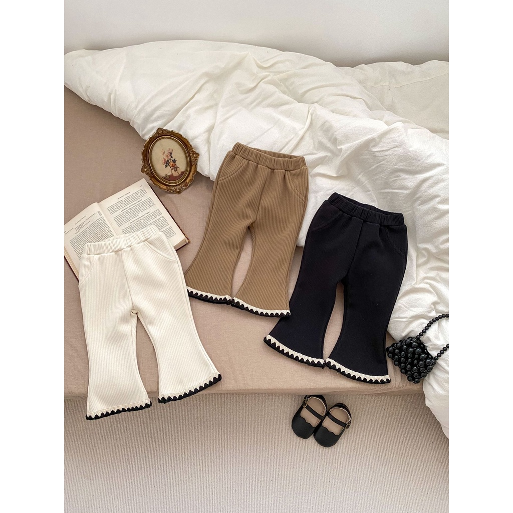 Quần Nhung Ống Loe Co Giãn Họa Tiết Kẻ Sọc Màu Trơn Hợp Thời Trang Thu Đông Cho Bé Gái ya9n