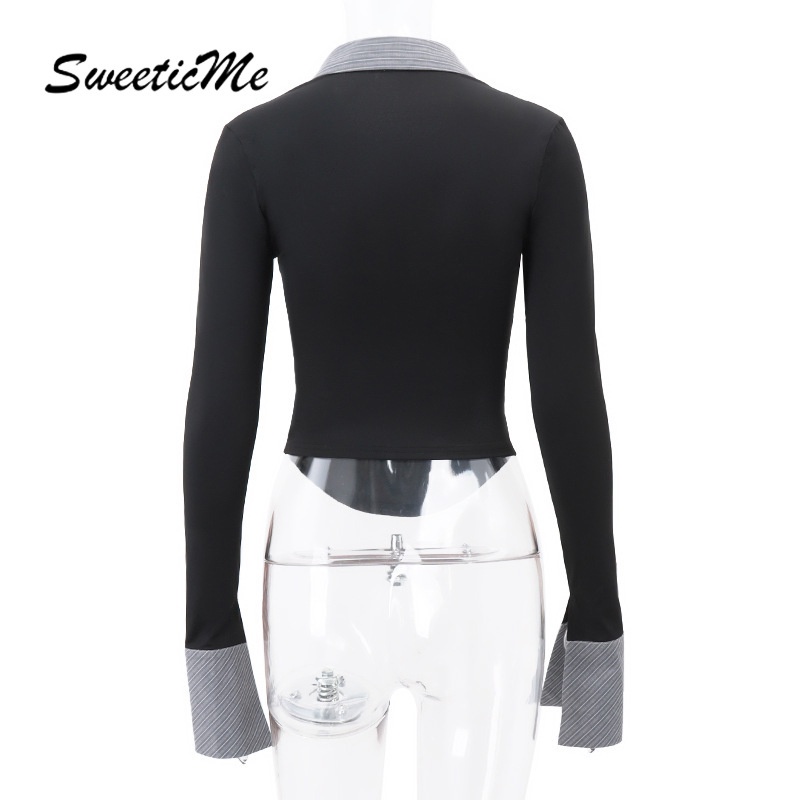 Sweeticme Áo Sơ Mi polo Tay Dài Loe Ôm Dáng Họa Tiết Kẻ Sọc Màu Tương Phản Thời Trang Mới 2023 Dành Cho Bạn Nữ