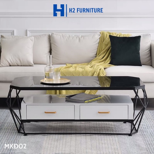Bàn trà chữ nhật sofa H2 FURNITURE khung kim loại mặt đá, bàn 2 tầng có ngăn kéo cho phòng khách, phòng chờ