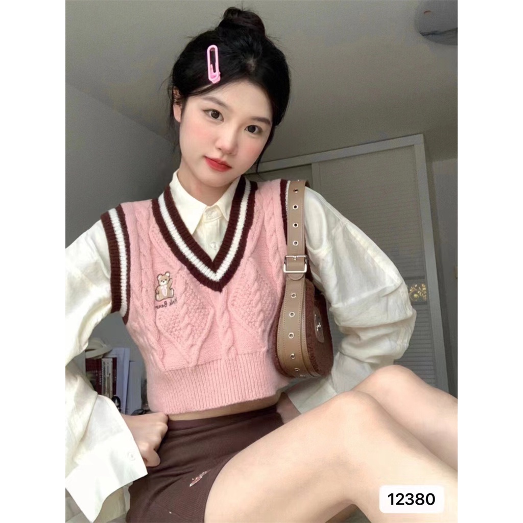 Qzas Áo vest Thêu Gấu Bông Cổ Chữ v Dễ Thương 12380 #