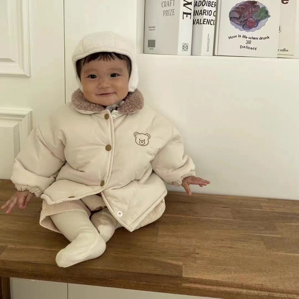 Áo Khoác Vải Len Tay Dài Hình Gấu Dễ Thương Cho Bé Trai