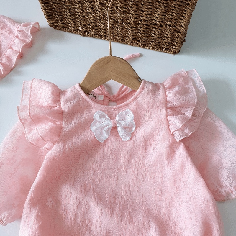 Bodysuit Cho Bé Gái Sơ Sinh Dài Tay Body Chip Cho Bé Màu Hồng Ren Hoa Nút Chéo Váy Cho Bé Gái
