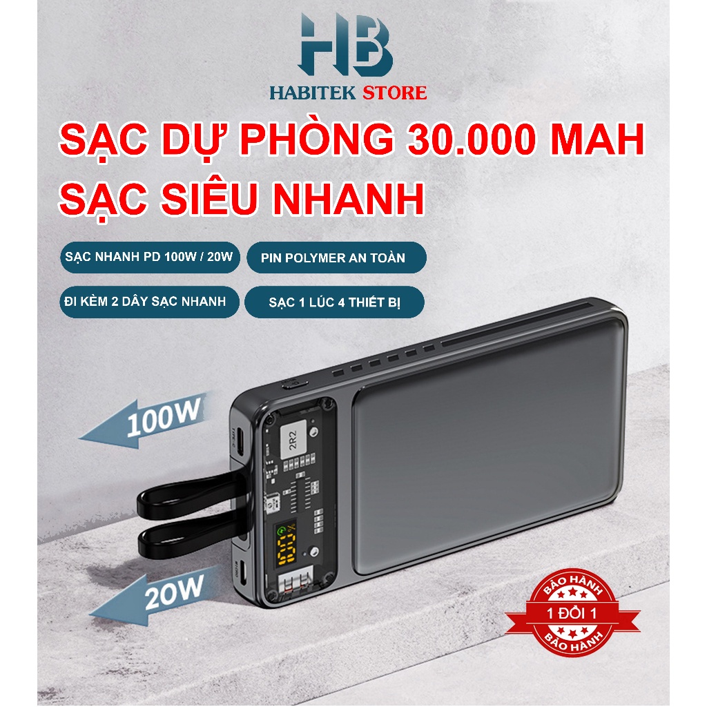 Sạc Dự Phòng HB88 30000mah, Tích Hợp 2 Dây Sạc, Sạc Siêu Nhanh, Pin Lithium, Bảo Hành 12 Tháng